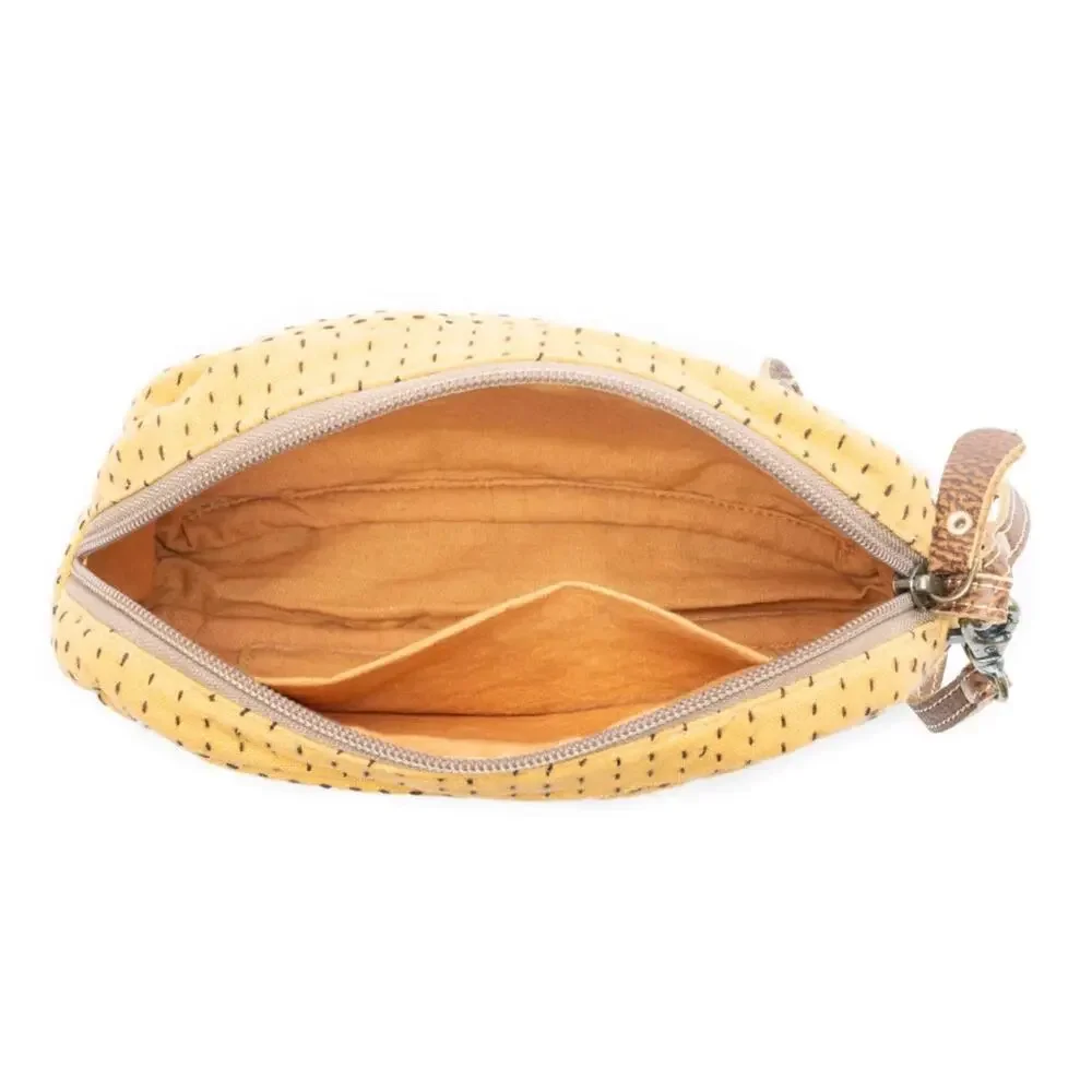 NWT Boutique Boho Daisy Pop Woven Embroidered Pouch in Marigold Yellow